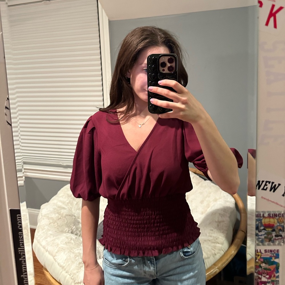 Wine red smocked top